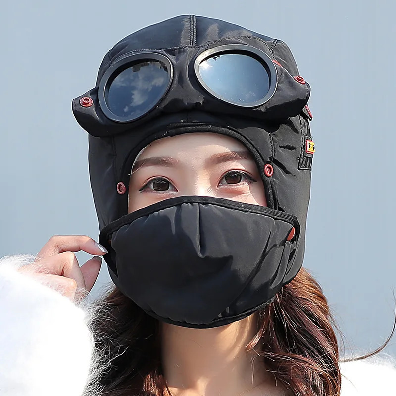 Winter Bomber Hat Adult s Windproof Hood Pilot Hats with Mask Glasses Warm Earflap Cap Russian Ushanka Hats Balaclava 250724