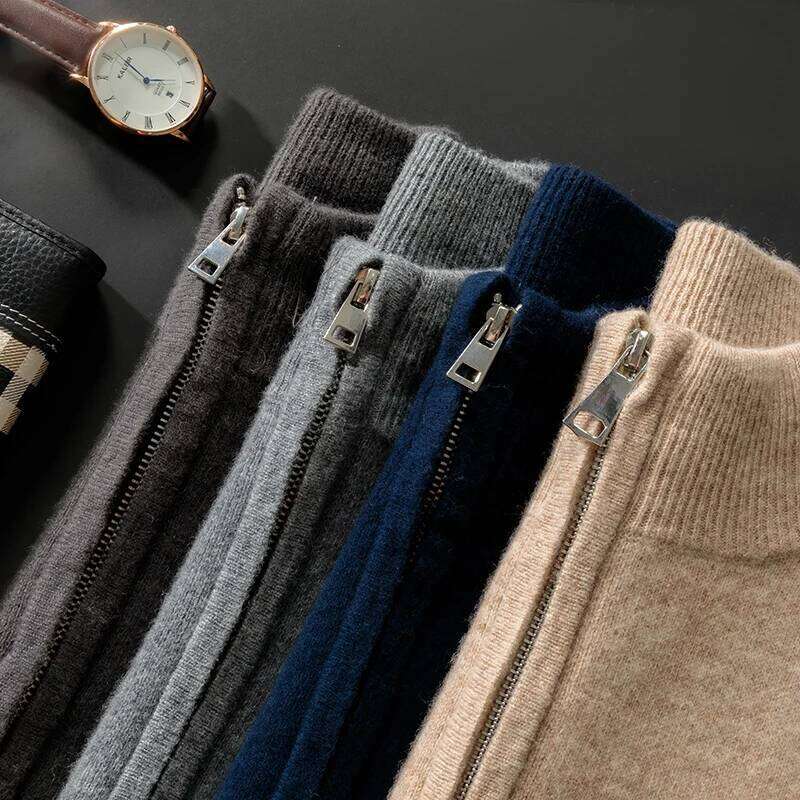 Men's 100% Merino Wool Warm Sweater Mock Collar Thickened Zippered Cardigan Autumn Winter New Cashmere Knitted Long Sleeve Tops MDNG