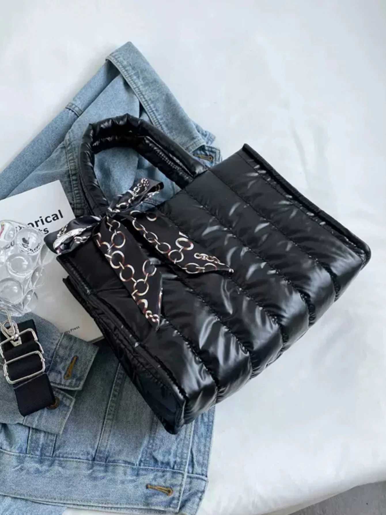 Urban Stylish Shoulder Bag Quilted Fabric Tote with Metal Chain Scarf Lightweight 0.3kg for Off Travel Y250730