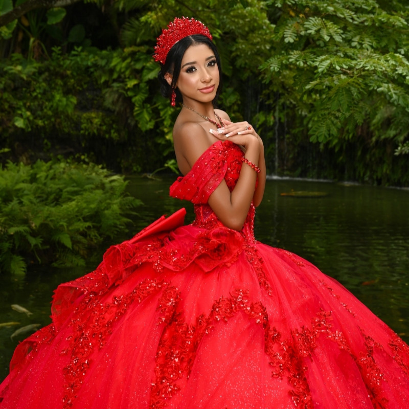Red Shiny Quinceanera Dresses Off The Shoulder Appliques Lace Bead Bow Tull Ball Gown Sweet 16 Dress Vestidos De 15 Anos