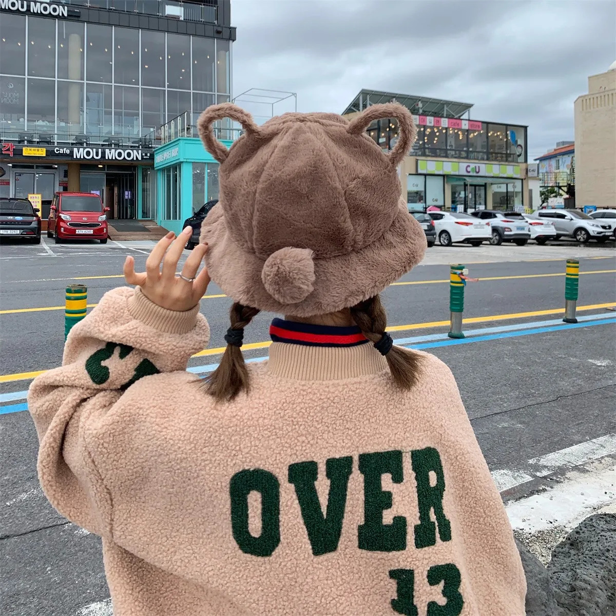 Womens Bucket Hat Winter Cute Cat Ear Plush Fisherman Hat Keep Warm Faux Fur Leopard Bob Hat Female 250724