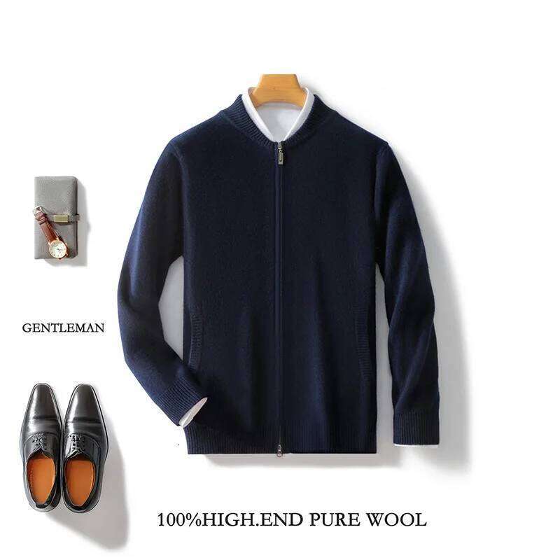 Men's 100% Merino Wool Sweater Knitted Zippered Cardigan Cashmere Thickened Jacket Long Sleeve Stand Collar Tops, Autumn, Winter MDNG