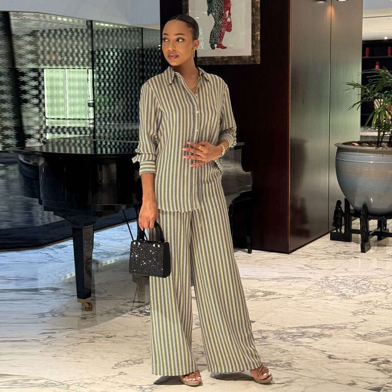 Women's Fashion Black Casual Print Long Sleeve Shirt And Wide Leg Pants Two-Piece Set For Autumn B5