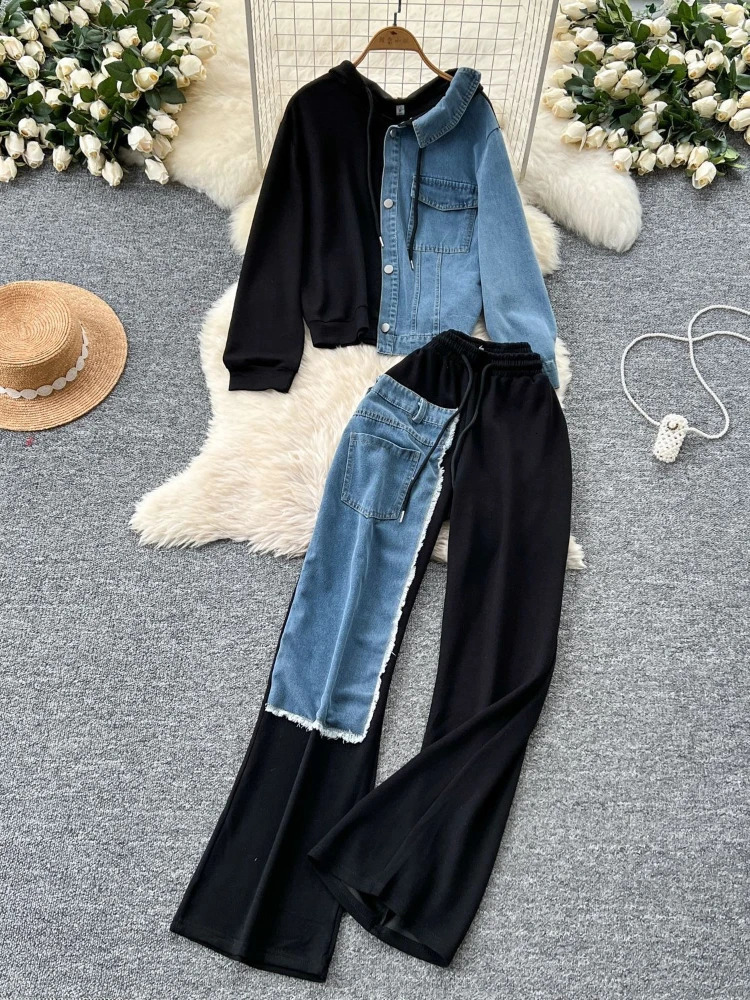 Pant Set Women Two Piece Sets Hooded Matching Casual Loose Tops Wide Leg Long Pants Elastic Waist Lace Up Splice Denim 250730