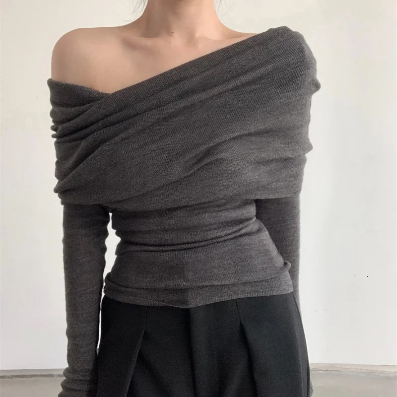 Autumn Women Long Sleeve Knitted Top Gray One Shoulder Sexy Y2k Women Sweater Winter Slim Solid Pullover Knitwear 250723