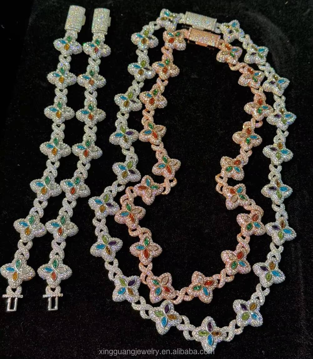 Fashion Fancy Colors Marquise Cut Moissanite Clover Charms Infinity Cuban Links 925 Sterling Silver Cuban Link Chain Jewelry