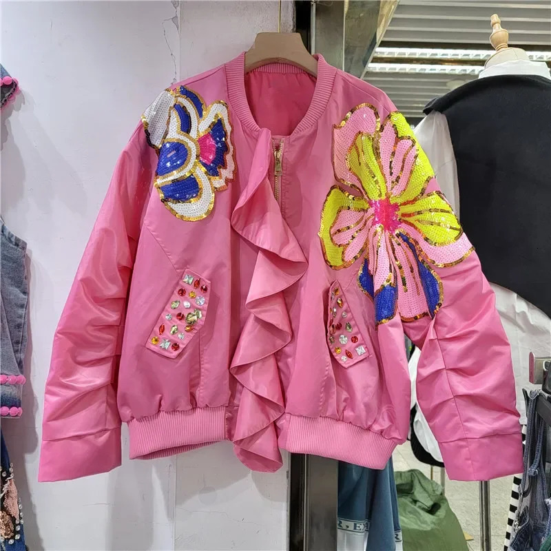 Spring Women Fashion Ruffled Patchwork Diamond Sequin Flowers Baseball Jacket Stand Collar Long Sleeve Bomber Coat Female Casual 250730