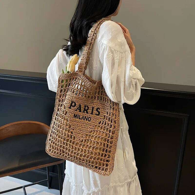 Hollow Woven Women's Embroidery Letter Summer Straw Shoulder Bags Women Beach Bag Large Capacity Casual Tote Female