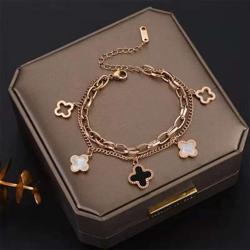 Fashion Double Layer Four-Leaf Titanium Steel Bracelet Light Internet Celebrity Hand Jewelry Versatile Lucky Clover Elegant Minimalist Style Non-Fadin