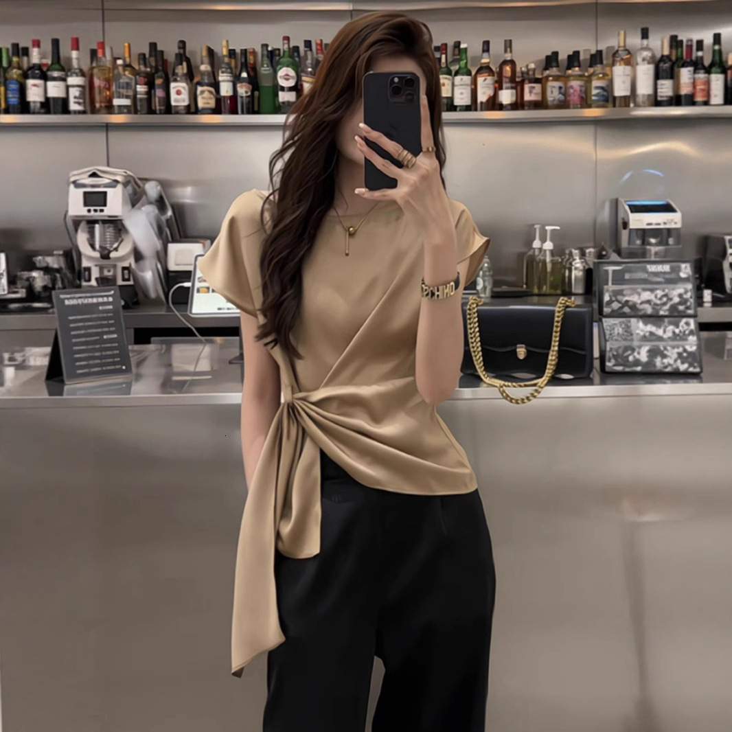 2025 French style lightweight luxury acetate satin women's T-shirt top high-end style summer new elegant waistband fashion shirt new designer T-s