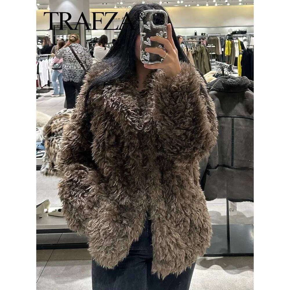 TRAFZA Women Winter Faux Fur Jacket Fashion Woman Slim Solid Brown Side Pockets Lapel Long Sleeves Casual Loose Warm Coat Mujer