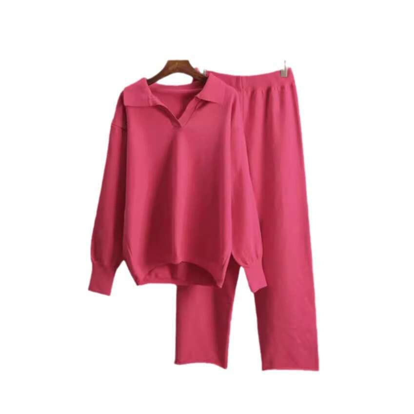 Autumn Winter Solid Color Lapel Women's Loose Knitted Polo Collar Sweater Wide Leg Pants Two Piece Set B5