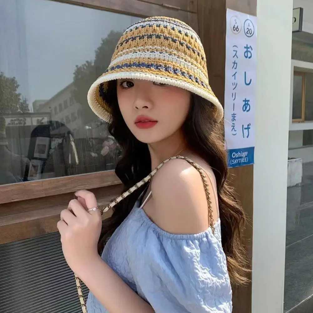 Striped Knitted Hollow Fisherman Hat UV Protection Big Eaves Crochet Hat Breathable Mticolor Thin Sunshade Hat Travel Y250730
