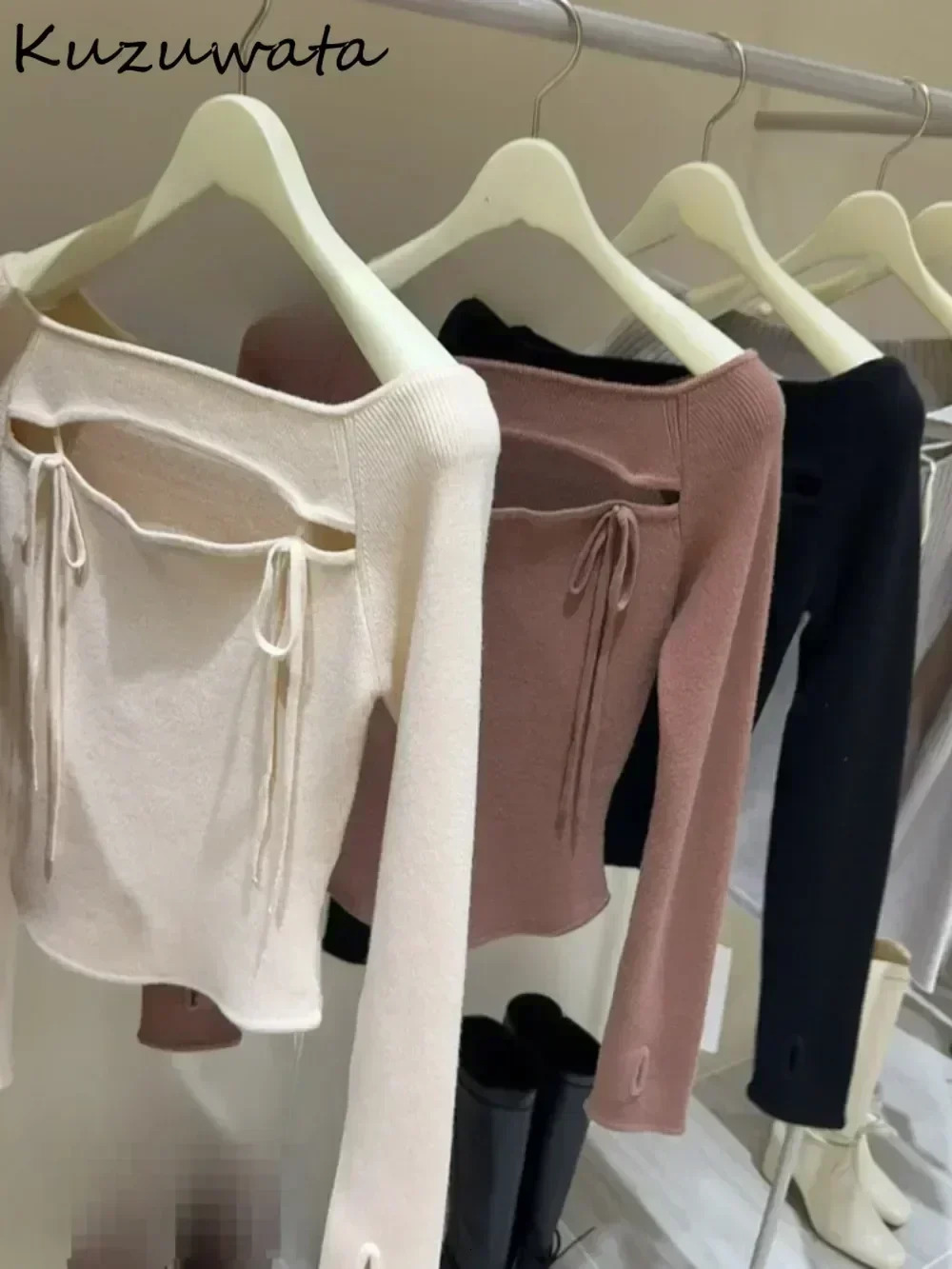 Kuzuwata Literary All-match Slash Neck Off Shoulder Jumper Sexy Bow Hollow Out Pure Desire Wind Pullover Japan Lace Up Fresh Top 250723