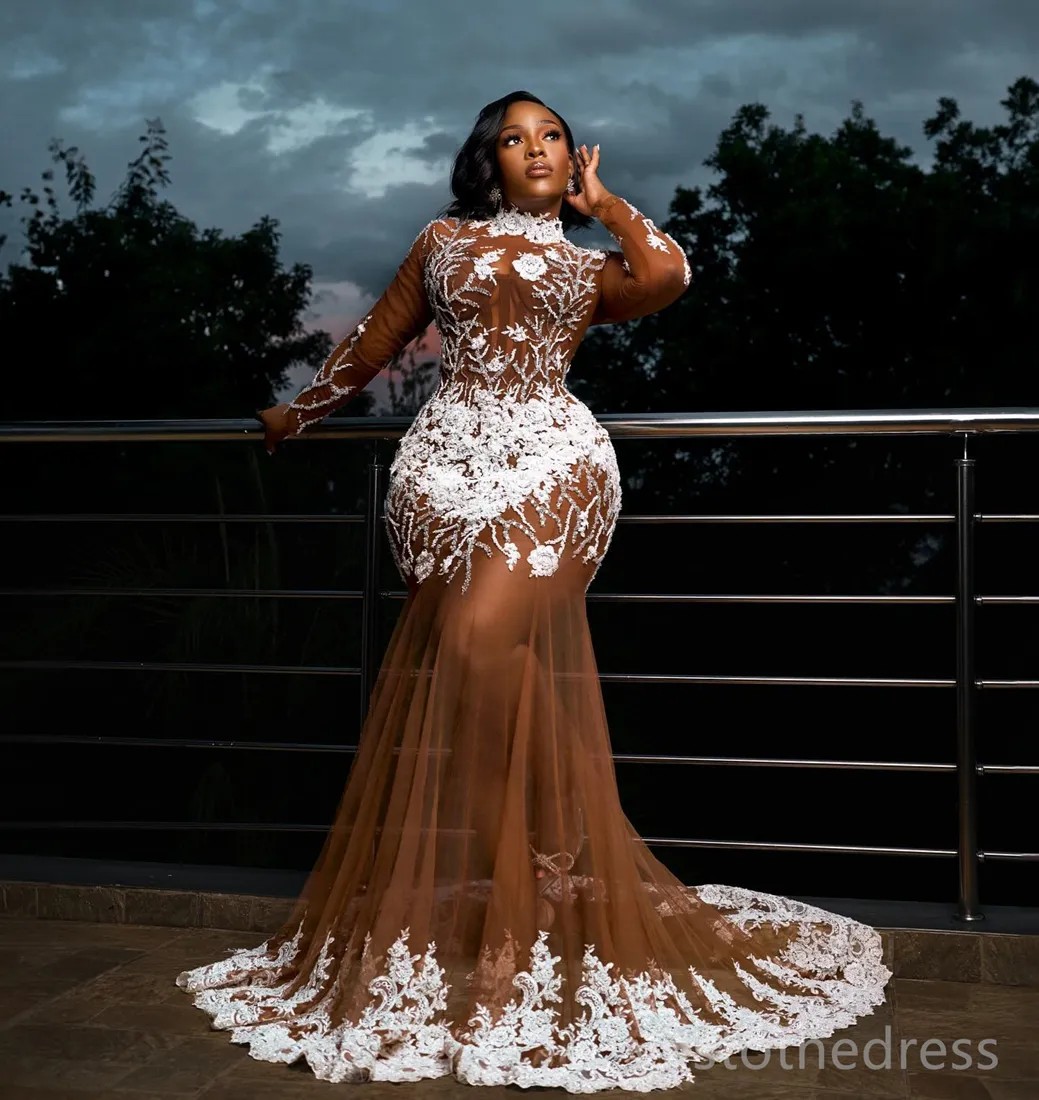 Plus Size Prom Dresses for Black Women Illusion Promdress for Special Occasions High Neck Long Sleeves Appliqued Beads Lace Birthday Dress Reception G