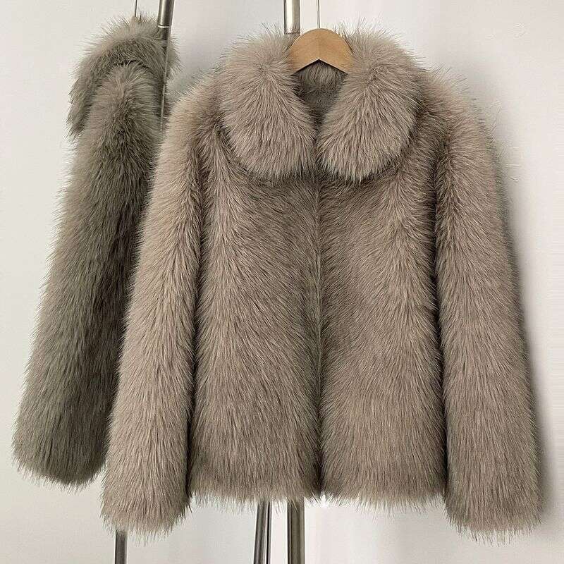 Winter fur coat for women, fashionable lapel, thick warm synthetic wool coat, elegant square collar coat