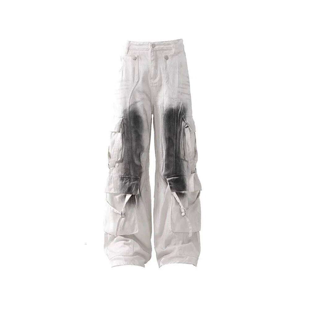 Summer New Contrast Color Baggy Jeans Multi-Pocket Overalls Retro Fashion Casual Trend High Street Hip-Hop Men's Bottoms