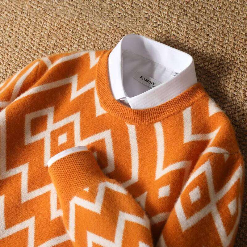 Men's 100% Merino Wool Sweater O-Neck Knit Dia Jacquard Pullover Cashmere Thickening Top Long Sleeve Jumpers Autumn Winter MDNG