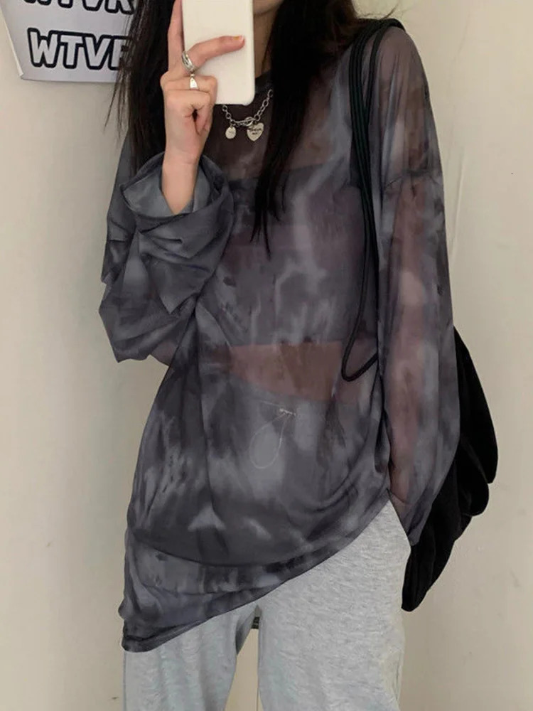 Tshirt Women Tie Dye Long Sleeve Ladies Spring Loose High Street Stylish Thin Leisure Minimalist Harajuku Ins Comfortable Chic 250729