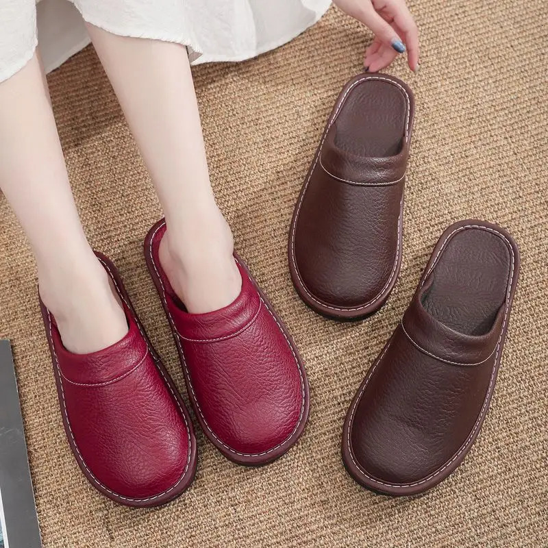 Home Leather Slippers Men and Women Spring Non-slip Waterproof Floor Shoes Anti-odor Soft Sole males Indoor Slides 250725