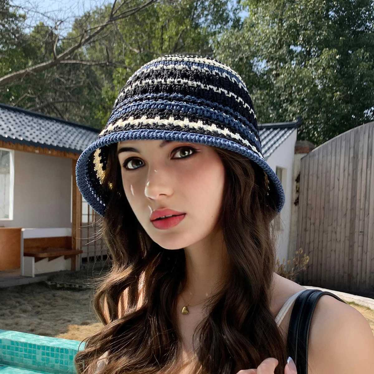 1 Womens Colorful Striped Knitted Hollow Hat that Can Be Folded for Outdoor Travel and Sun Protection Y250730