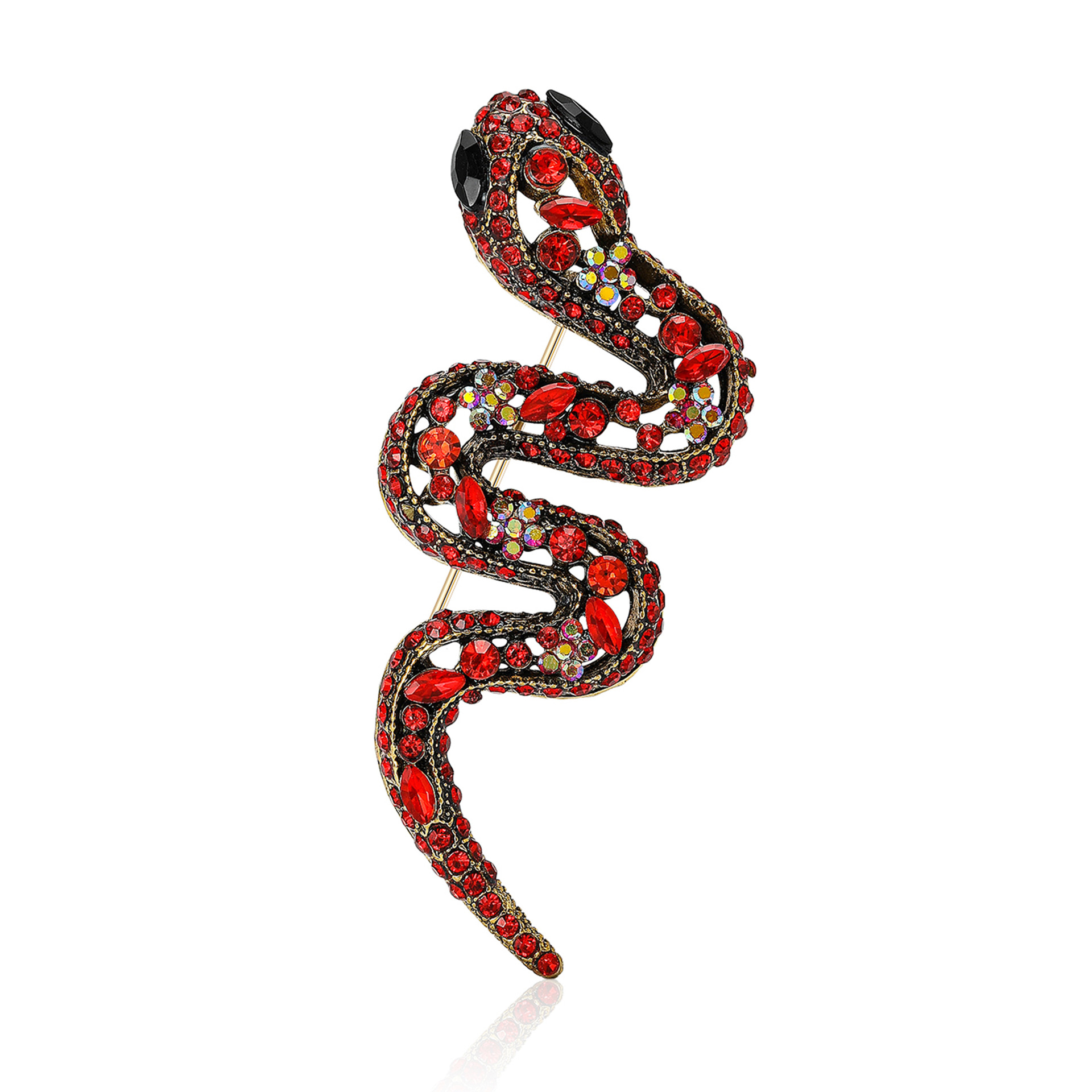 Gold Tone Red Rhinestone - Encrusted Snake Brooch With Colorful Accents Bold Party Jewelry And Gift For Her High Quality And Stylish Jewelry