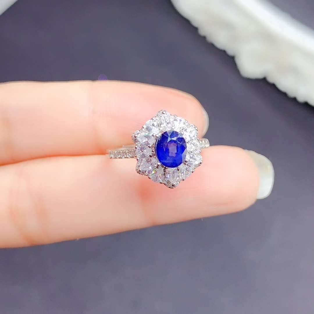 Royal blue genuine natural sapphire ring for wedding 5mm*6mm natural sapphire 925 silver ring with 18K gold plating