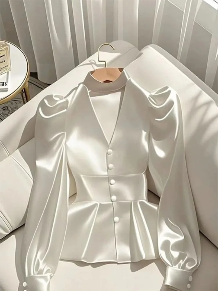 French Elegant Womens Shirt Luxury Waist Cinched White Satin Long Sleeve for Women Temperament Blouses 250724