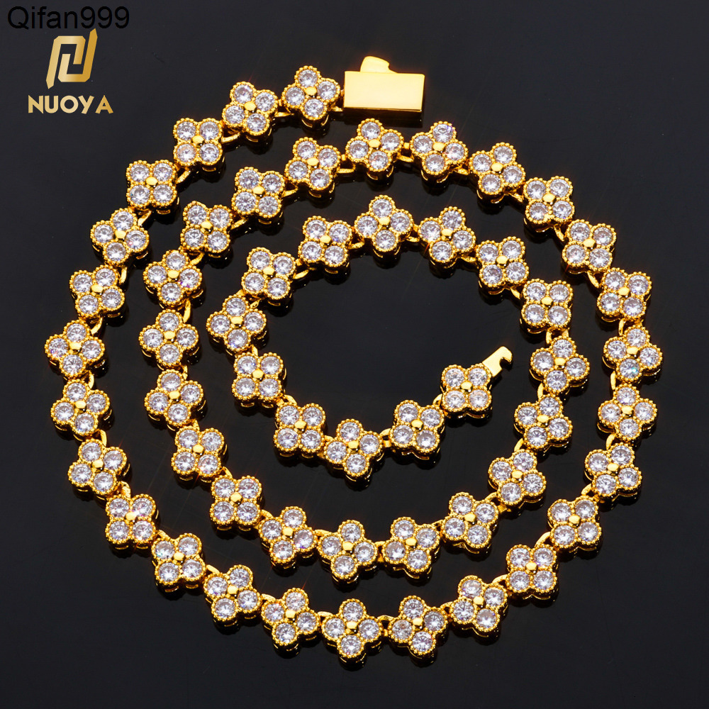NUOYA Women Diamond Chain Gold Plated Four Leaf Clover Plum Blossom Chain Shiny Hip Hop Jewelry Zircon Link Necklace