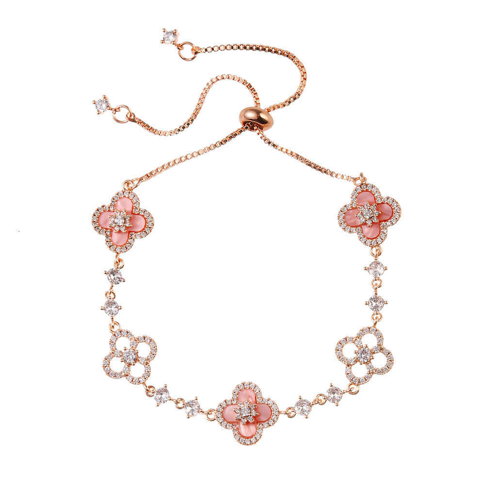 Sier Lucky Red Four-Leaf Flower INS Style Copper Gold-Plated Pull Necklace Bracelet Set