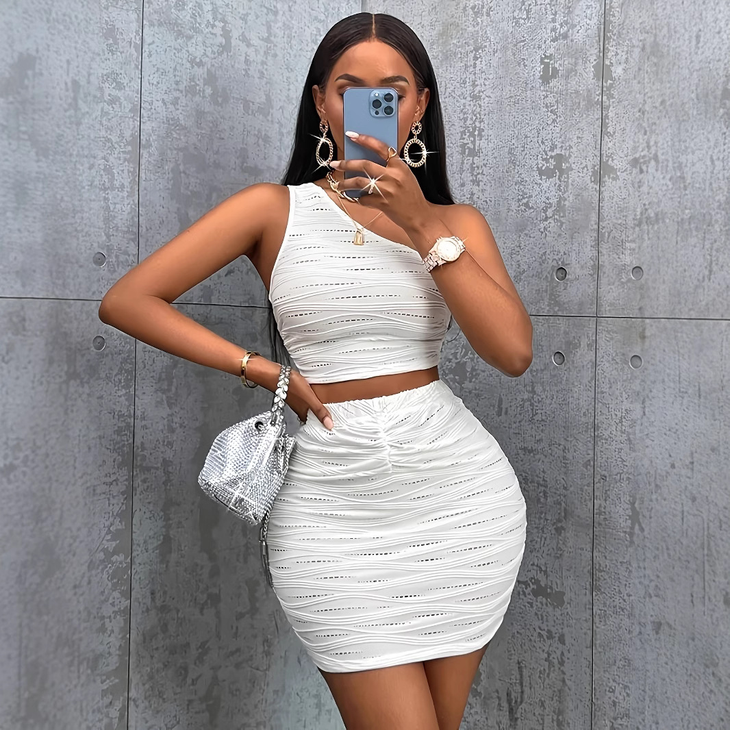 F2126 New Womens Ruched Asymmetrical Shoulder Skirt Fashionable Elegant Solid Color Set