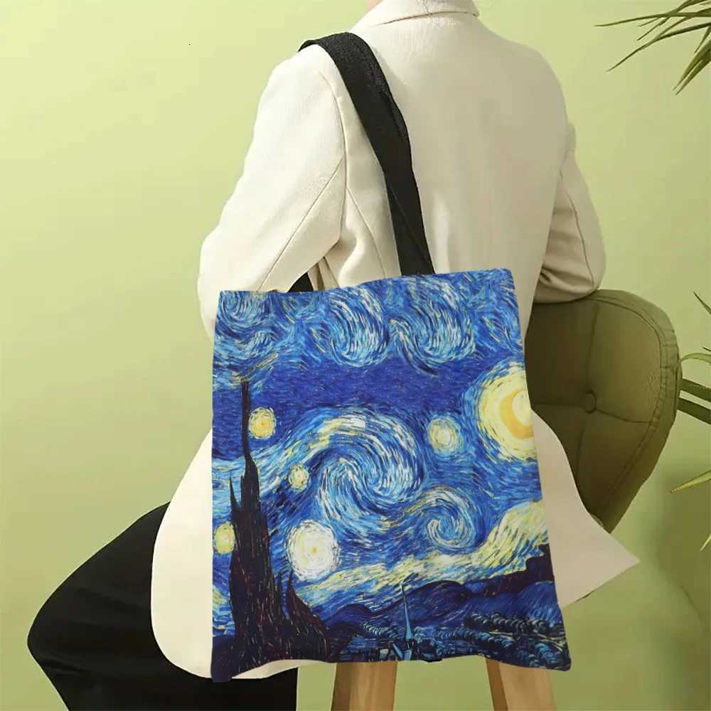 Canvas Bag Van Gogh Series Canvas Bag Oil Painting Starry Night Sunflower Apricot Flower Coffee Holder Handbag 30X35cm G250729