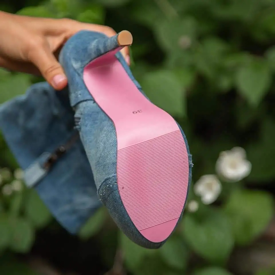 Vrouwen Platform Laarzen Mode Denim Dunne Hoge Hak Dames Mid Kuit Laarzen Met Zip Meisjes Schoenen 250729