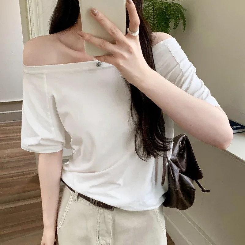 Women Spring Solid Slim Fit Crop Top Sexy Tees Shirts Fashion Skew Collar Offshoulder Longsleeved Tshirts 250729