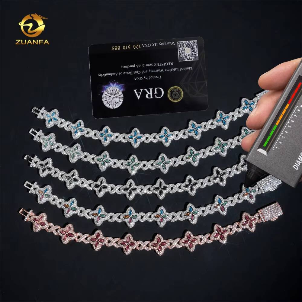 Hot Selling Colorful Hip Hop Iced Out Jewelry 15mm 925 Silver Clover Cuban Moissanite Infinity Link Bracelet for Men