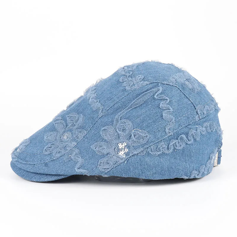 Lace Denim Beret Women 2025 France boinas de mujer Spring Summer Womens Hat sboy Cap Vintage y Blinders Denim Flat Hats 250729