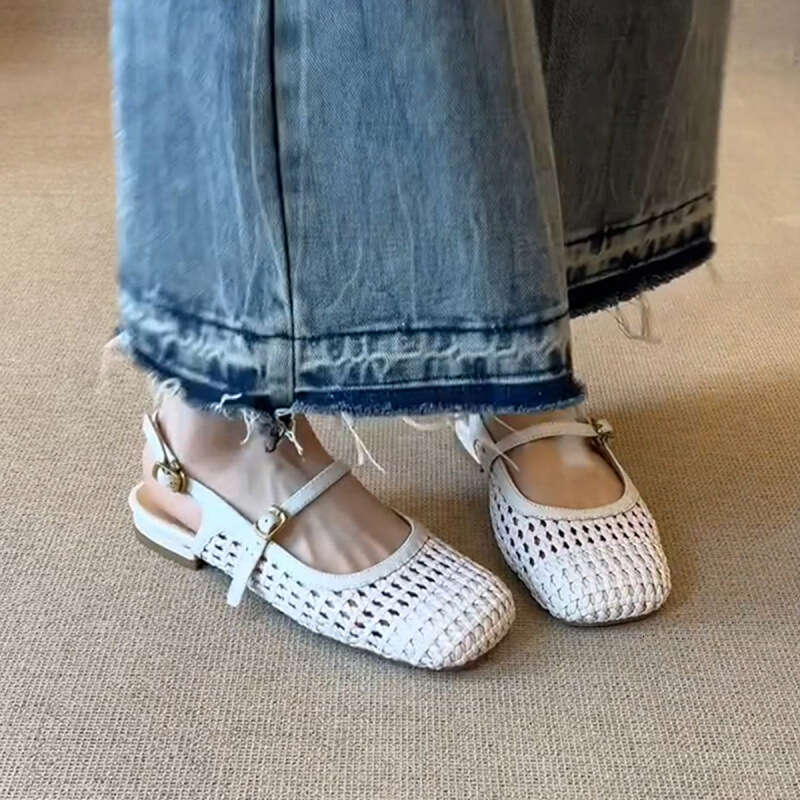 Sheepskin Fashion Woven Hollow Breathable Closed-Toe Sandals for Women Comfortable One-Strap Genuine Leather Square-Toe Roman Shoes