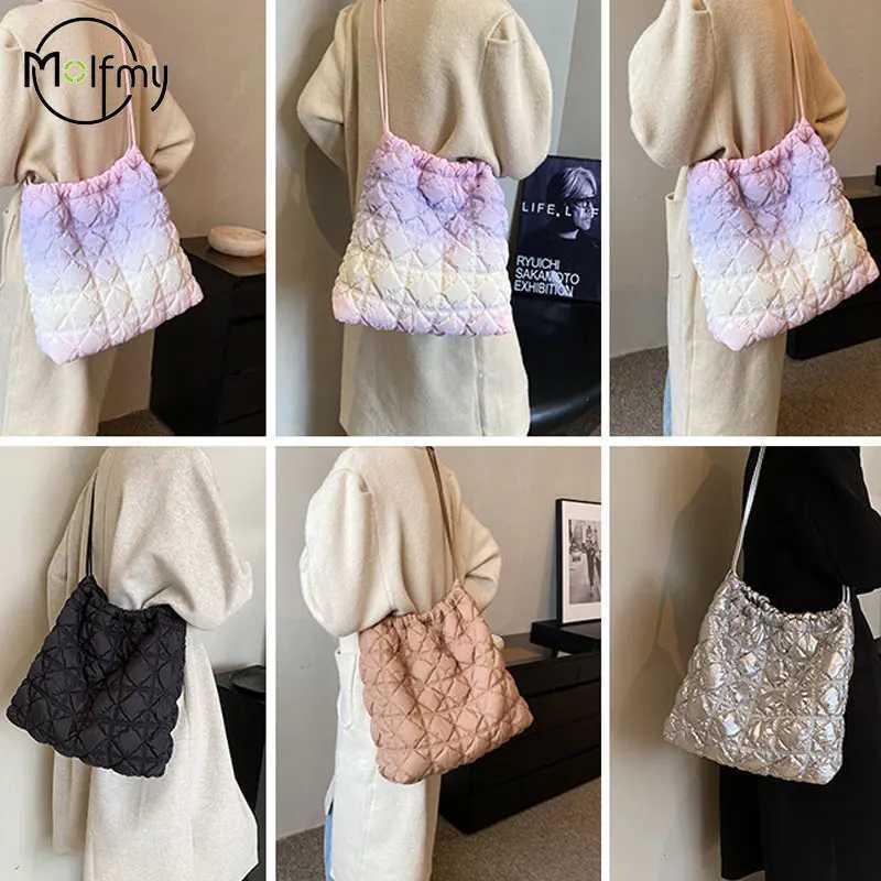 Clouds Pleat Big Bag Korean Gradient Fashion Womens Bag Quilted Padding Handbag Womens Nylon Plush Shoulder Bags Bolso Mujer Y250729