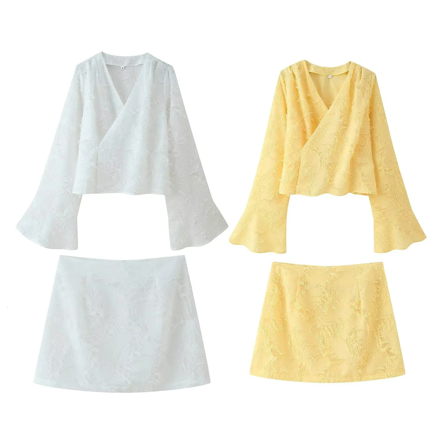 Women Elegant Skirts Set Jacquard LongSleeved VNeck Shirt Zip Skirt SpringSummer Fashion Holiday Beach 250730