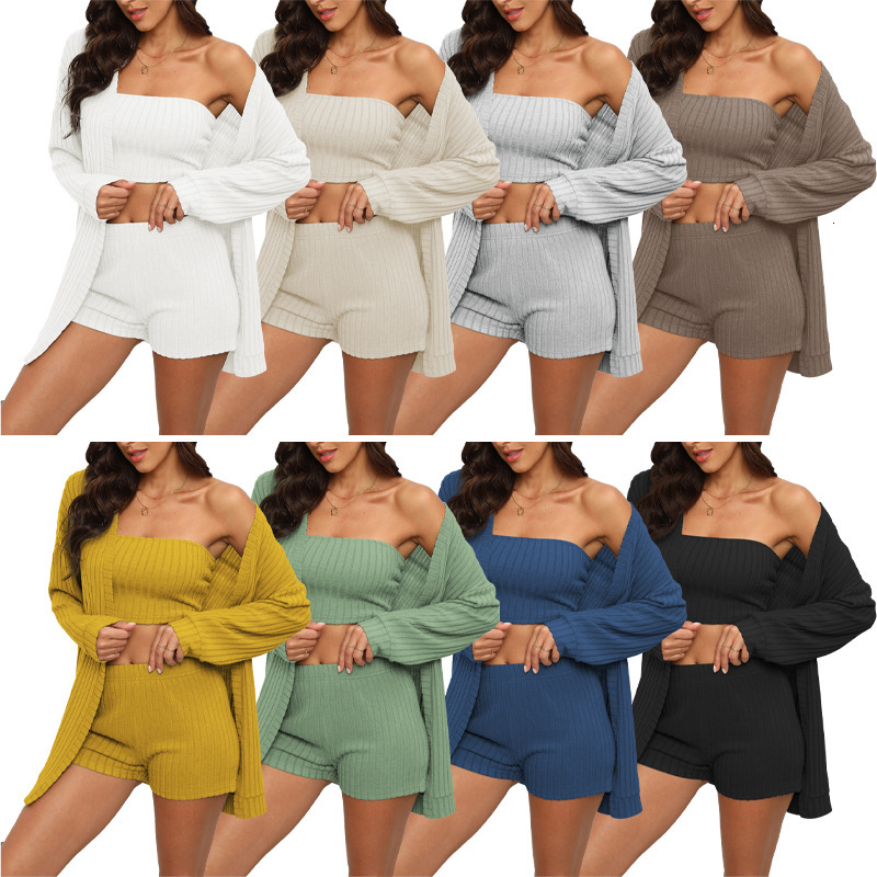 F1323 New Womens Solid Color Ribbed Cardigan Long Sleeve Fashion Casual Three-Piece Set