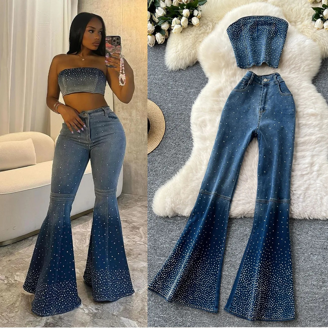 Denim Pant Set Women Two Piece Sets Sexy Matching Sleeveless Short Tops Long Flare Pants High Waist Slim Diamond 250730