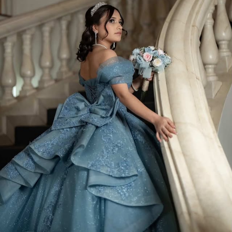 Blue Quinceanera Dresses Off The Shoulder Applique Lace Beads Bow Tull Ball Gown Vestidos De 15 Anos Sweet 16 Dress