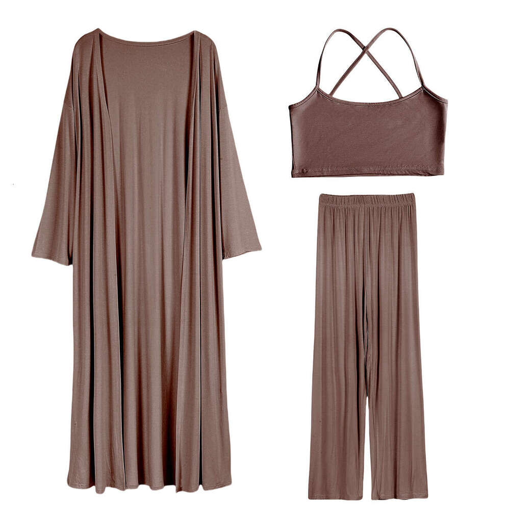 Lazy Style Loose Cardigan Short Skirt For Women With Camisole And Long Pants Three-Piece Set B5