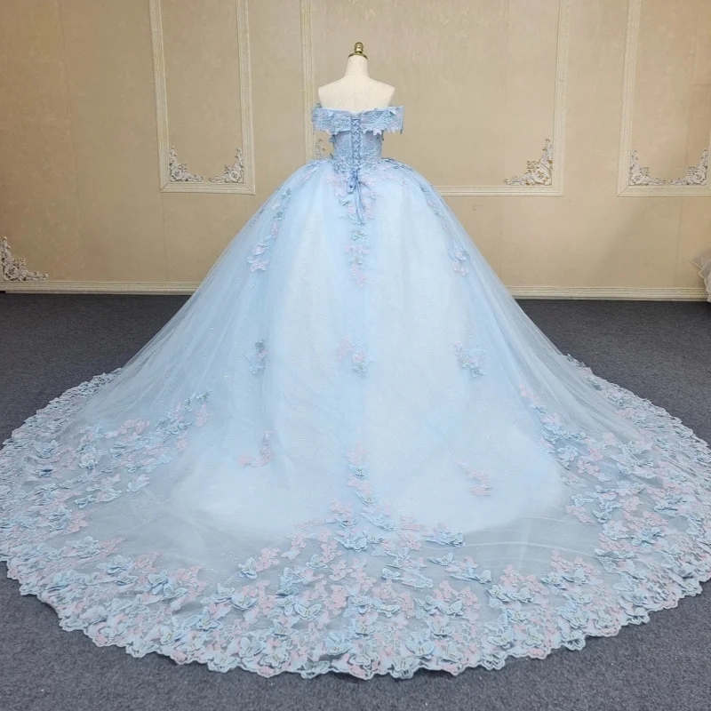 Sky Blue Shiny Quinceanera Dresses Off The Shoulder Beading Bow Tulle Party Birthday Vestidos De 15 Anos Sweet 16 Dress