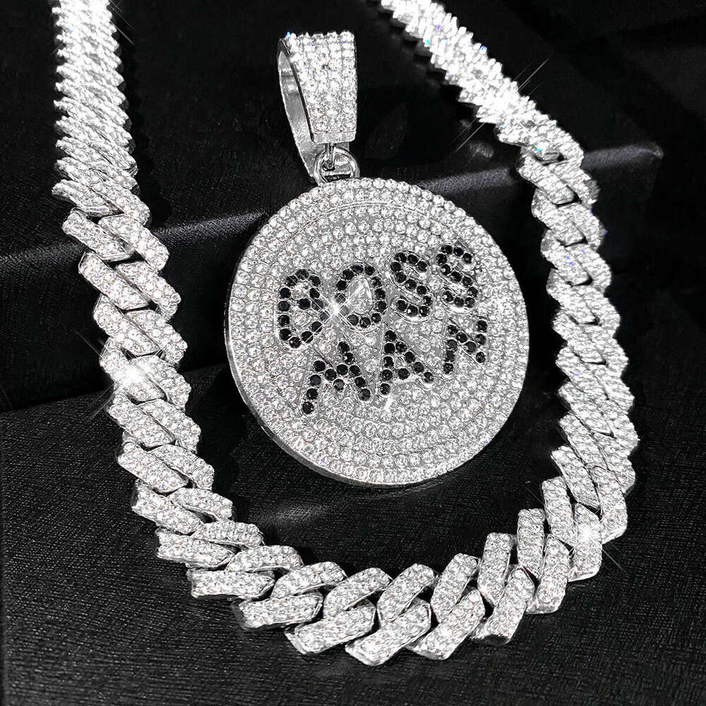 Full Dia English Letter Pendant Hip Hop Exaggerated Creative Round Plate Street Trend Alloy Cuban Necklace