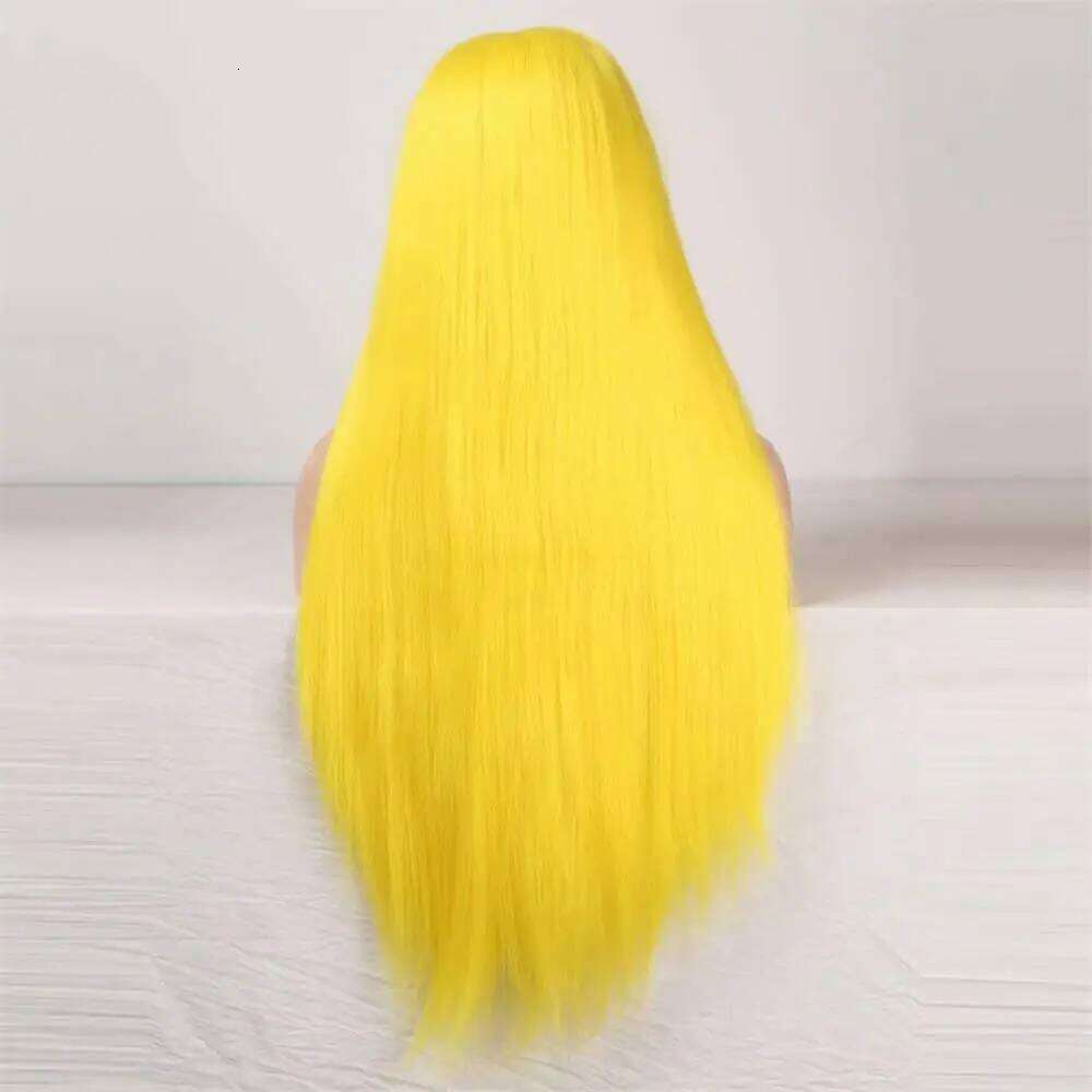 Wig Synthetic Front For Women Long Silky Straight Lace Human Hair Middle Lemon Yellow Wigs Cosplay Part