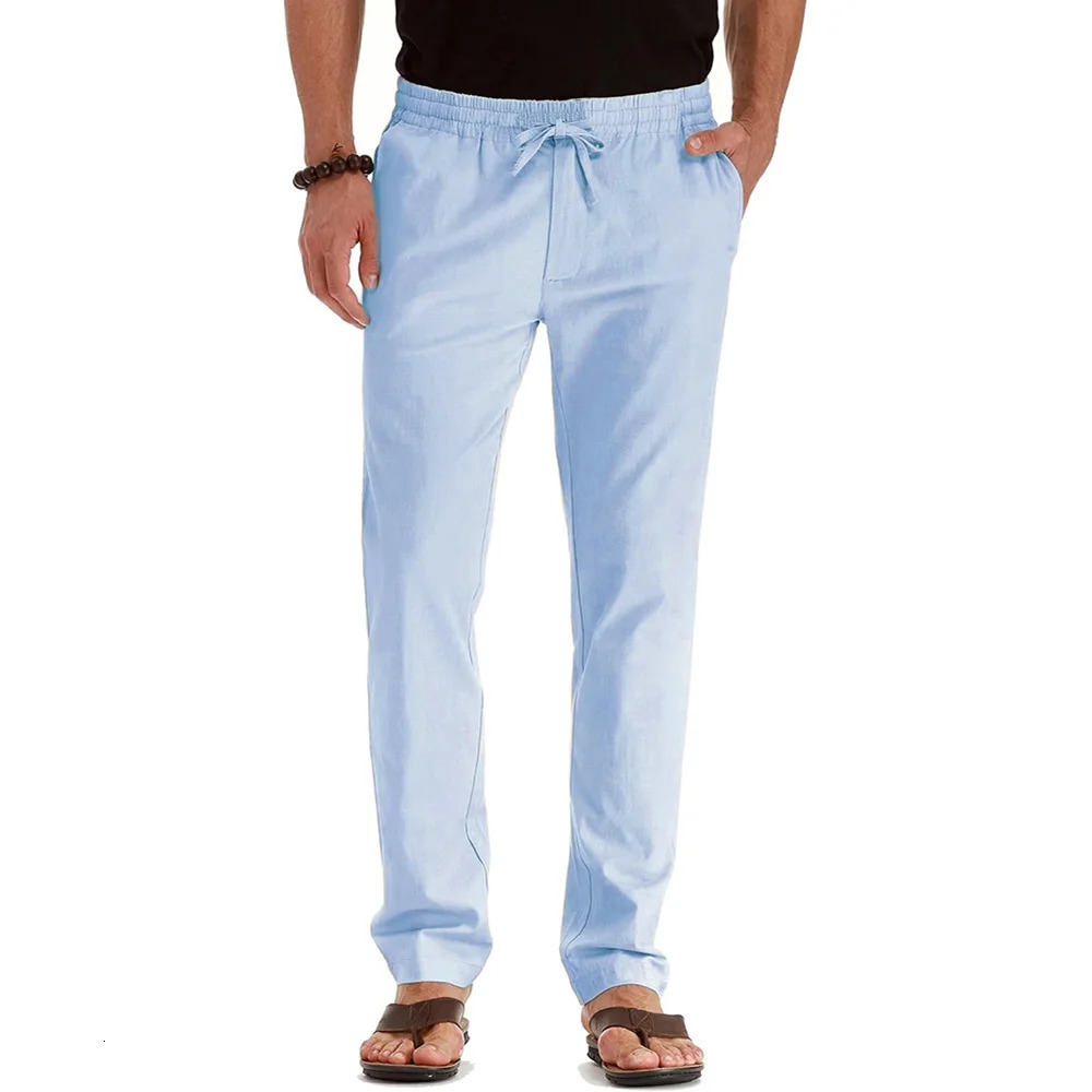 Mens Spring Summer Cotton Linen Long Pants Vacation Hawaii Casual StraightLeg Lightweight Sweatpants 250729