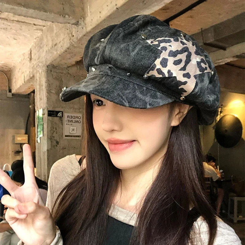 American Punk Style Rivet Star n Octagonal Hats for Women Spring and Autumn Casual Versatile Retro Washed Denim Berets Cap 250729