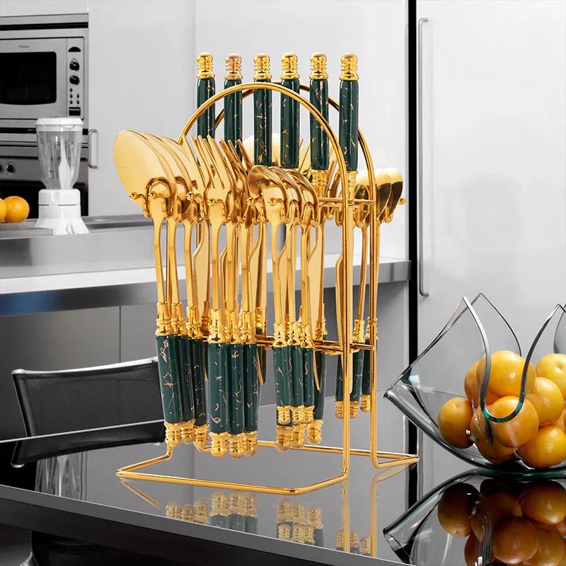 20PCS/24PCS Stainless Steel Knife Fork Spoon Cutlery Flatware Tableware Dinnerware Set with Ceramic Handle Storage Holder Rack