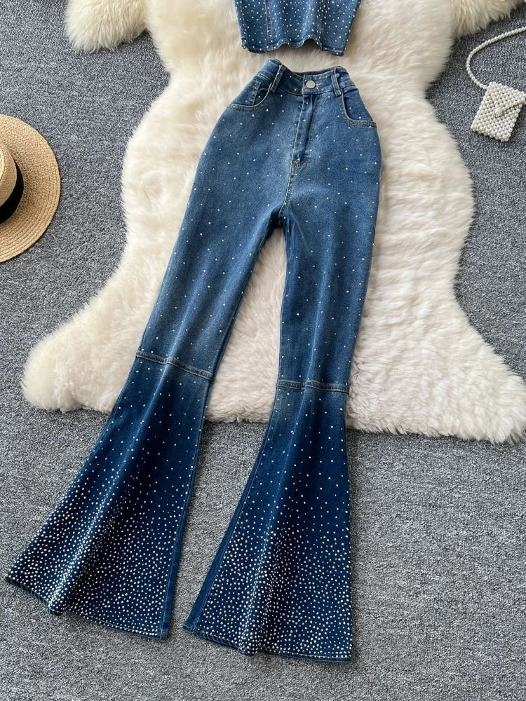 Denim Pant Set Women Two Piece Sets Sexy Matching Sleeveless Short Tops Long Flare Pants High Waist Slim Diamond 250730